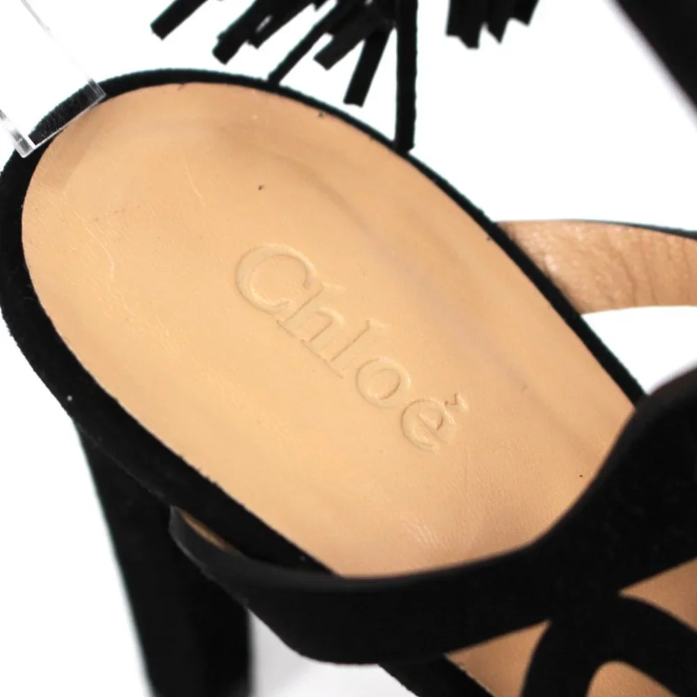 Chloè Kendal Black Suede Caged Cut-Out Heeled Tassel Tie Ankle Sandals 41 Heels